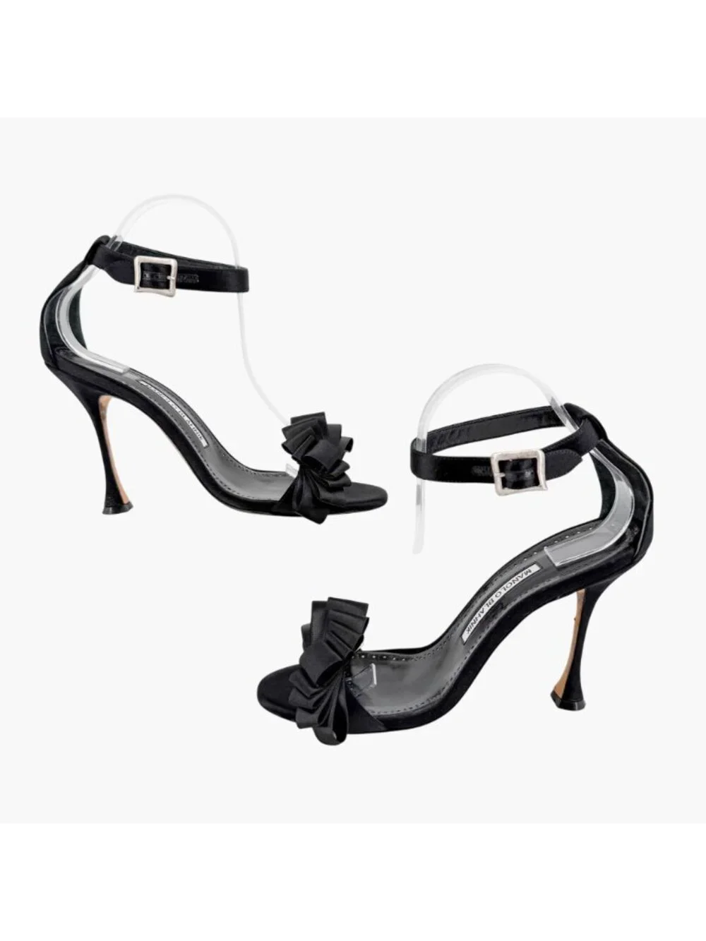 Manolo Blahnik Vinkaos Ruffle Bow Sandals Heels Black Satin Size 39 US 9 Women’s